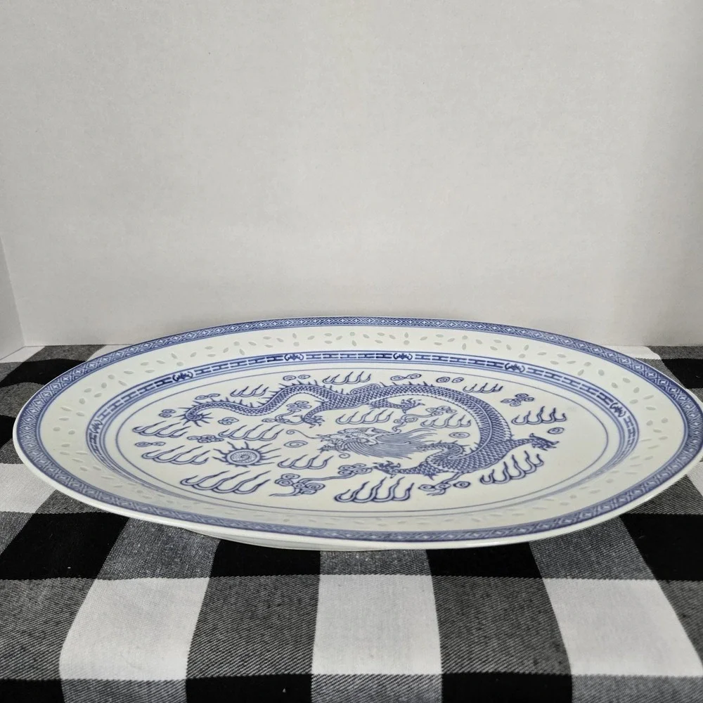 Vintage Jingdezhen Chinese Rice Eye Dragon Oval Large Serving Platter 16